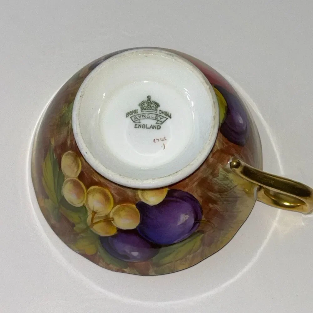 Vtg Aynsley Orchard Fruit Gold Tea Cup Saucer English Bone China England scallop